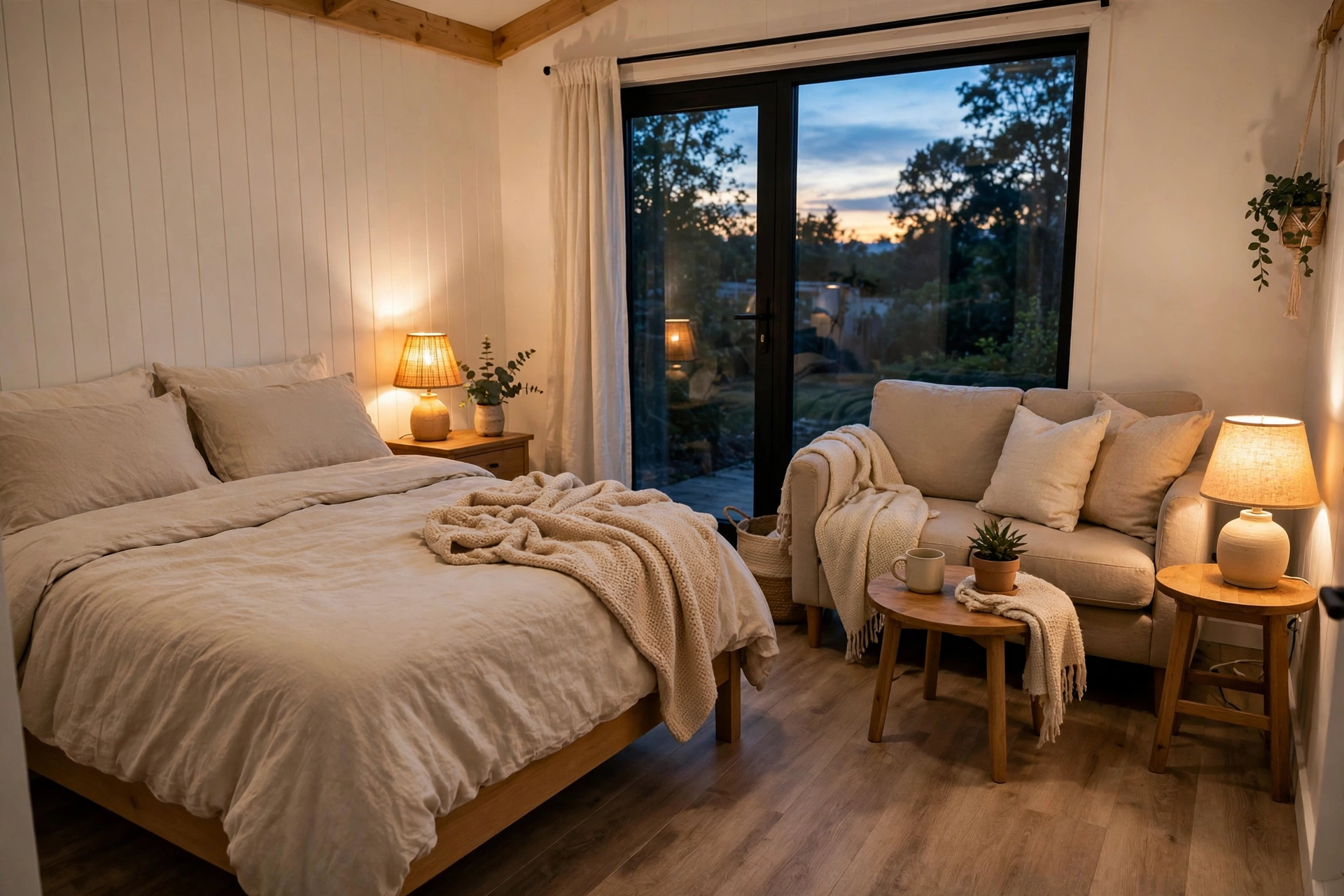 Cozy finished bedroom inside a backyard cottage