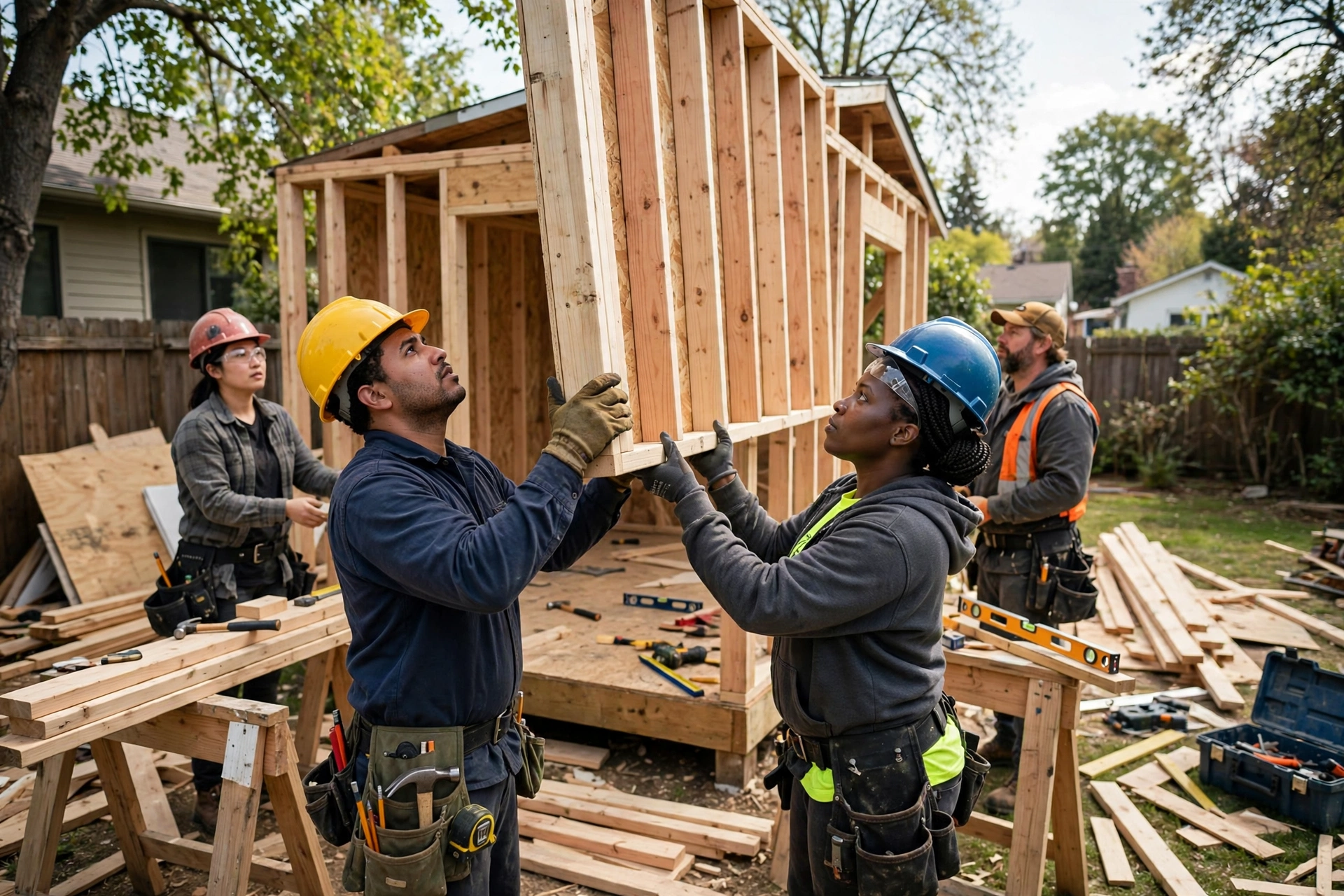 Construction crew raising the framed walls of a backyard cottage