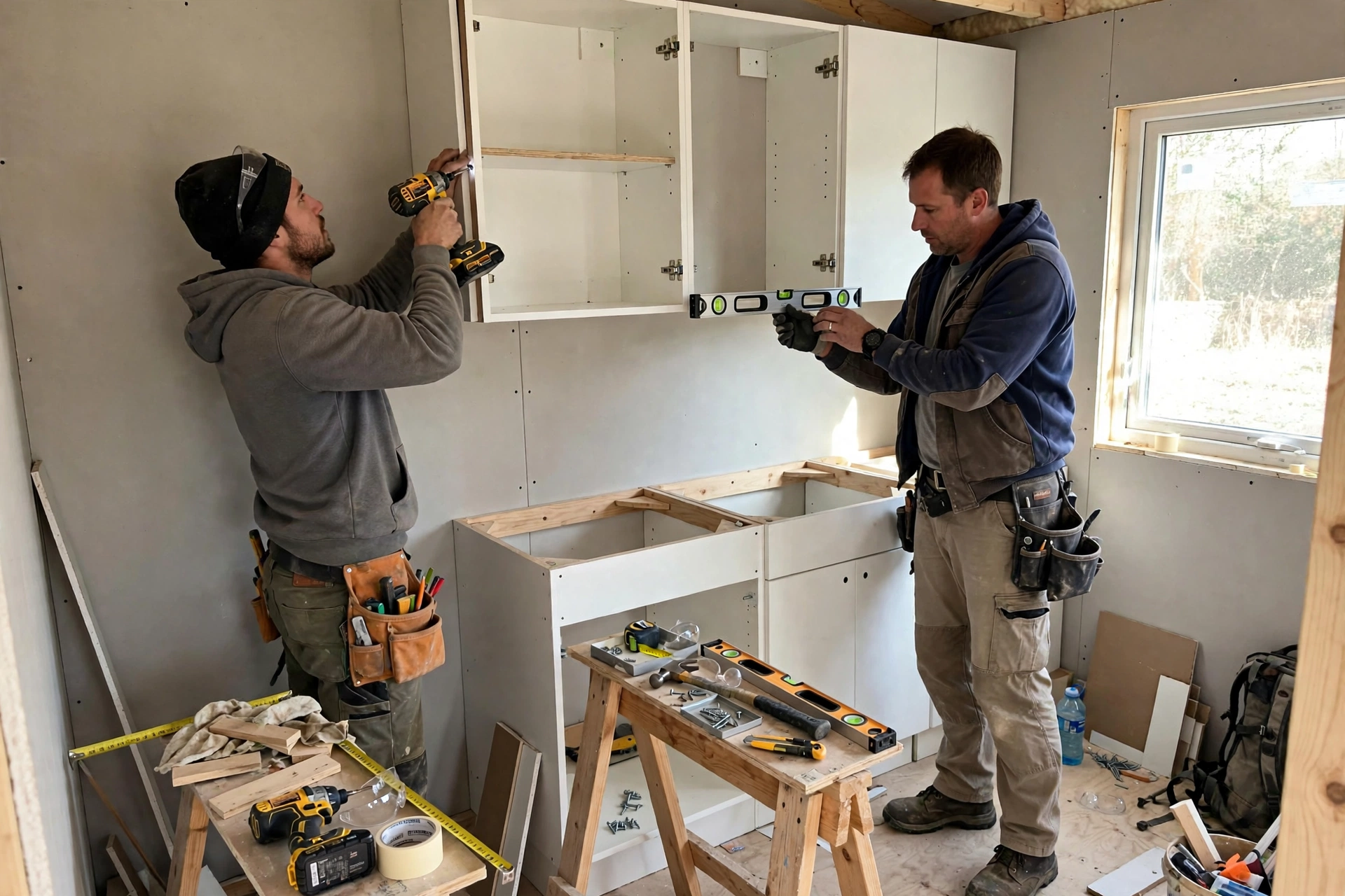 Workers installing cabinets inside a cottage interior