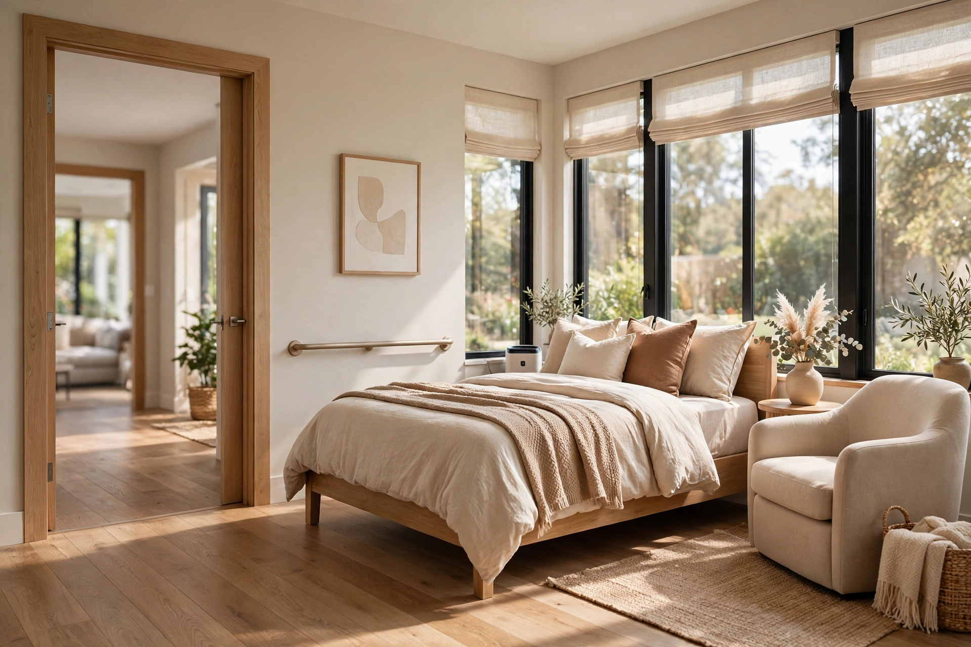 Bright in-law suite bedroom with a wide doorway